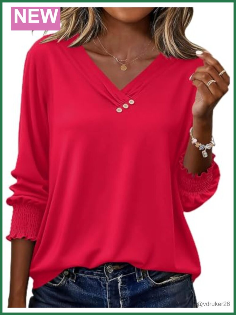 LOMON Womens Blouse 3/4 Sleeve V-Neck Button Decor Dressy Casual Tunic Top